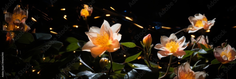 Luminous fireflies lighting up vibrant flowers in a mesmerizing nocturnal garden scene Luminous fireflies lighting up vibrant flowers in a mesmerizing nocturnal garden scene