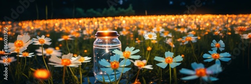Glowing fireflies among vibrant flowers in serene natural surroundings, creating a magical ambiance photo