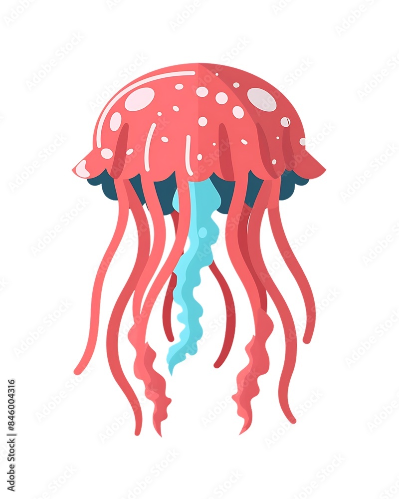 Fototapeta premium red colorful cute friendly ocean floating swimming marine maritime cnidarian cartoon jellyfish illustration design white background generative ai