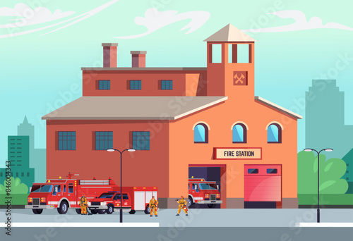 Street fire station. Cartoon city firehouse fireman building exterior, firefighter brigade emergency department garage for firetruck