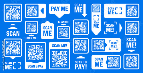 Scan me QR code sticker with text. Online payment. Special offer sale stickers, shopping discount label, promotional badge. Product serial number. Supermarket retail price tag. Vector illustration