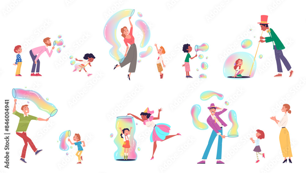 Soap bubble show. People play blowing big giant bubble children playing blower toy foam birthday party, fun kids game or circus animators performance classy vector illustration Soap bubble show. People play blowing big giant bubble children playing blower toy foam birthday party, fun kids game or circus animators performance classy vector illustration