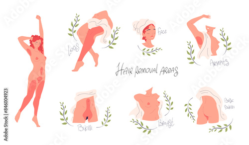 Hair removal area. Girl woman beauty depilation zone shaving wax or laser epilation brazilian bikini female model infographic, smoothness skin