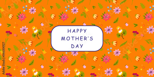 Happy Mother's Day. Vector gouache modern cute floral illustration of peony flower, rose, plant, bouquet, pattern, leaf, for greeting card, coral background, invitation or banner