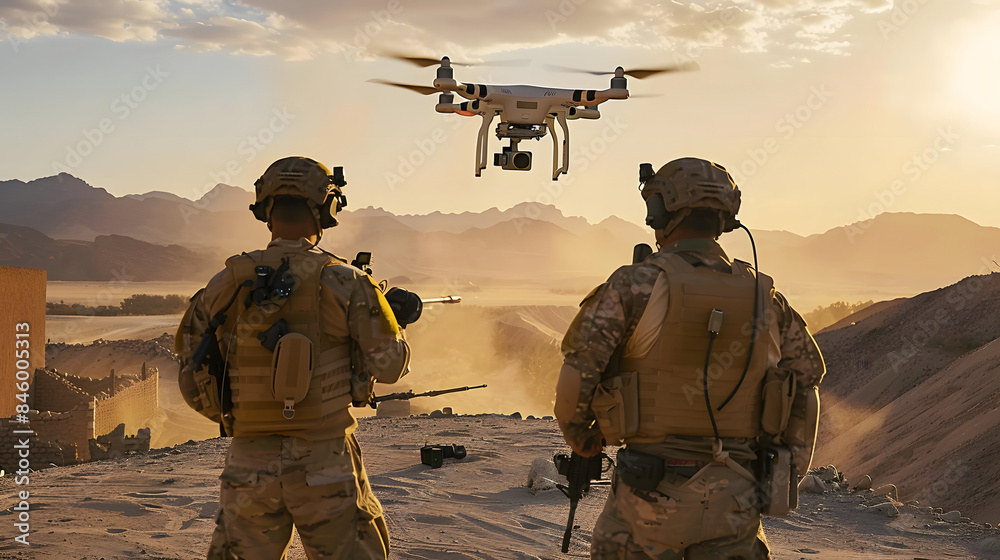 Two soldiers observe a drone hovering above them in a desert. Concept Military Operation, Surveillance Drones, Desert Landscape, Army Soldiers, Technology in Combat Two soldiers observe a drone hovering above them in a desert. Concept Military Operation, Surveillance Drones, Desert Landscape, Army Soldiers, Technology in Combat