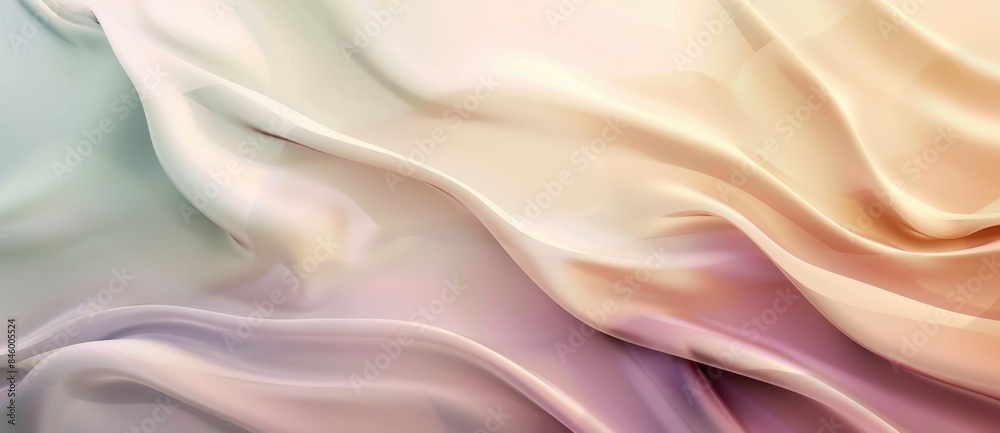 Fototapeta premium Flowing pastel satin fabric background with elegant curves and waves, creating a mesmerizing pattern of soft colors. Perfect for weddings, fashion, beauty, and product displays