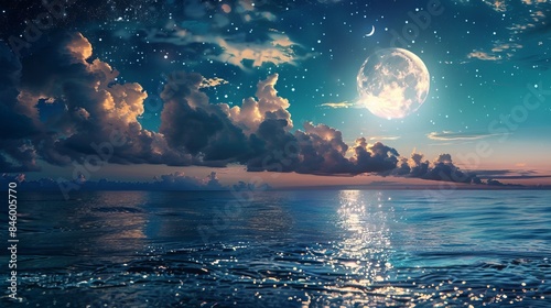 A romantic scene of the moon with clouds and a starry sky casting its glow over sparkling blue water.  photo