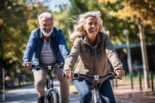 Mature happy couple riding bicycles in city park