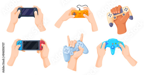 Hands hold gamepad. Gamer hand holding gamepads controller, gaming joystick for game console control, videogame cybersport