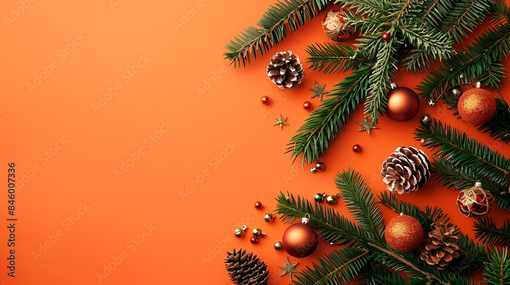 Festive christmas background fir tree branches with christmas decorations on orange background