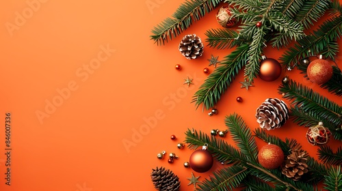 Obraz na płótnie Festive christmas background fir tree branches with christmas decorations on orange background w salonie