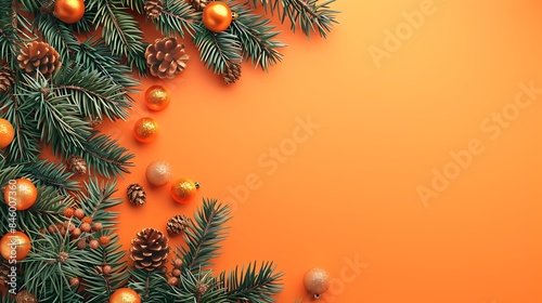 Obraz na płótnie Festive christmas background fir tree branches with christmas decorations on orange background w salonie