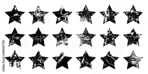 Vintage stars with cracks and stains. Old hand-drawn sign, black simple shape. Retro design element with distressed effect, grunge texture. Vector illustration