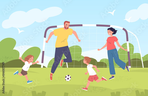 Family playing football. Father mother children play soccer outside in park backyard, dad mom son daughter fun kid and young parents sport game together, classy vector illustration
