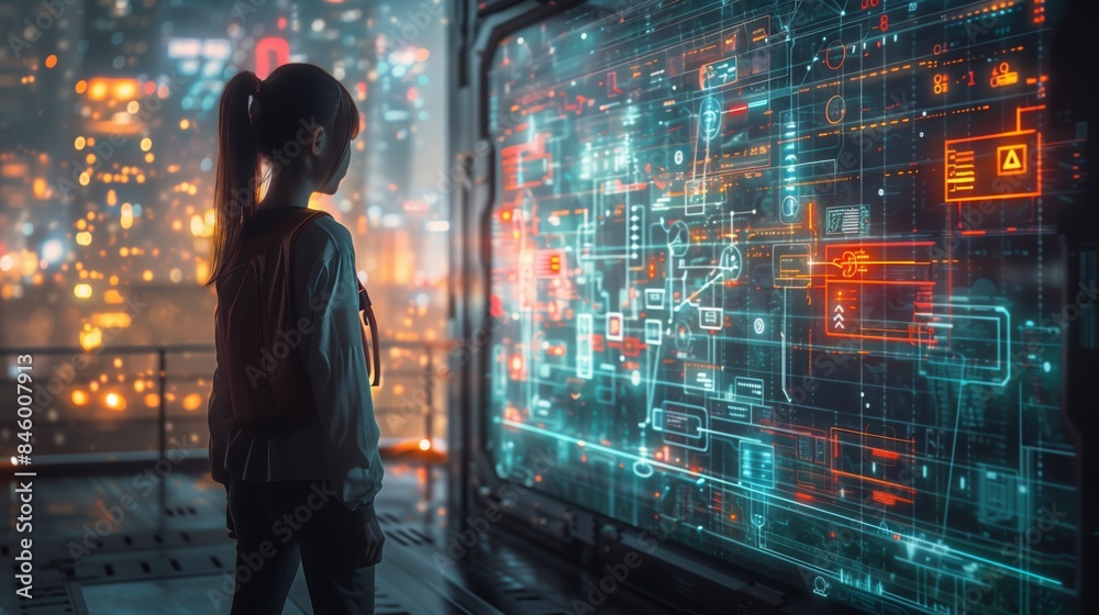 A young student stands in a futuristic cityscape, gazing at a holographic math tutor displaying complex equations and diagrams. A young student stands in a futuristic cityscape, gazing at a holographic math tutor displaying complex equations and diagrams.