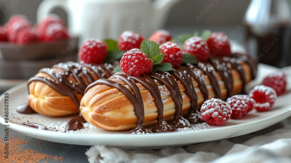 Eclairs filled with rich cream: A display of chocolate Eclairs on a dark platter, topped with glossy chocolate glaze and raspberries. On slate surface. Eclairs filled with rich cream: A display of chocolate Eclairs on a dark platter, topped with glossy chocolate glaze and raspberries. On slate surface.