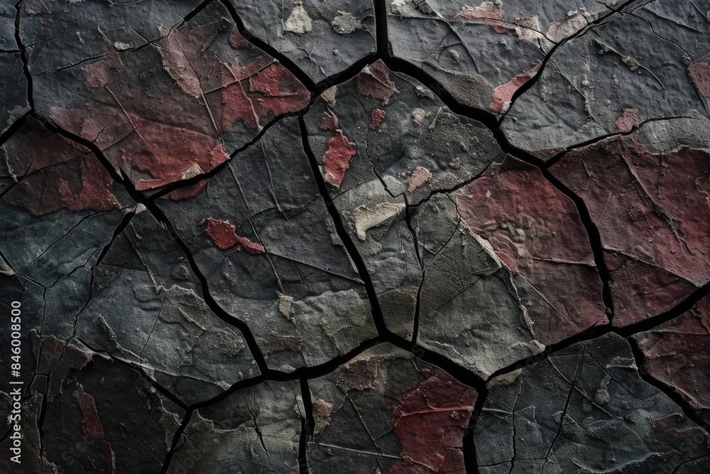 Cracked stone surface revealing red color underneath, creating a textured and weathered effect, ideal for backgrounds and textures