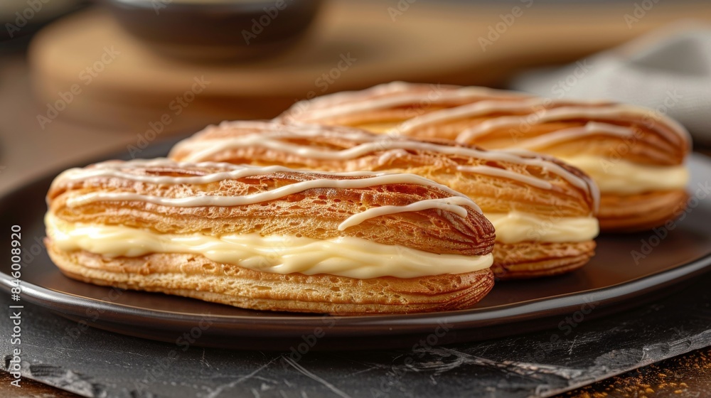 Eclairs filled with rich cream: A display of vanilla Eclairs on a dark platter, topped with glossy vanilla glaze. On slate surface.