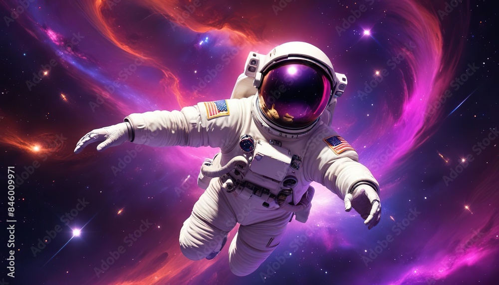 Astronaut in space with stars, a galaxy, a purple and blue nebula, and galaxies reflected in his helmet Astronaut in space with stars, a galaxy, a purple and blue nebula, and galaxies reflected in his helmet