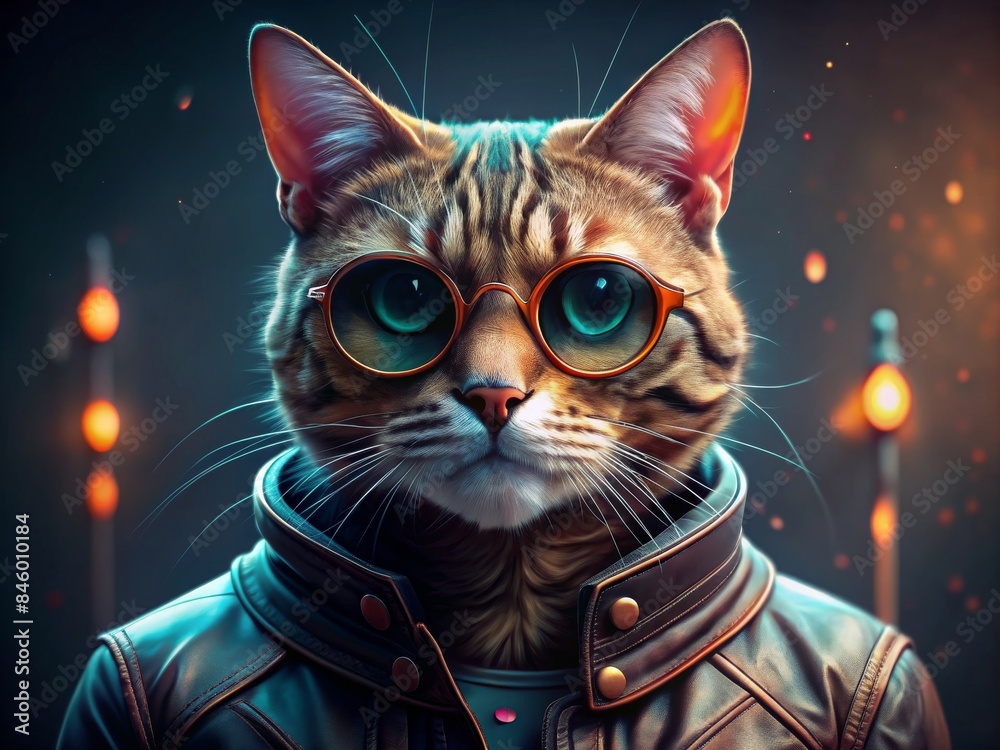 Close-up Portrait of a Cat Wearing Glasses and Leather Jacket Close-up Portrait of a Cat Wearing Glasses and Leather Jacket