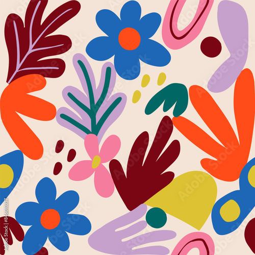 Abstract vector seamless pattern with organic cut out elements. Pink background with red, pink, blue, yellow and purple flowers and leaves.