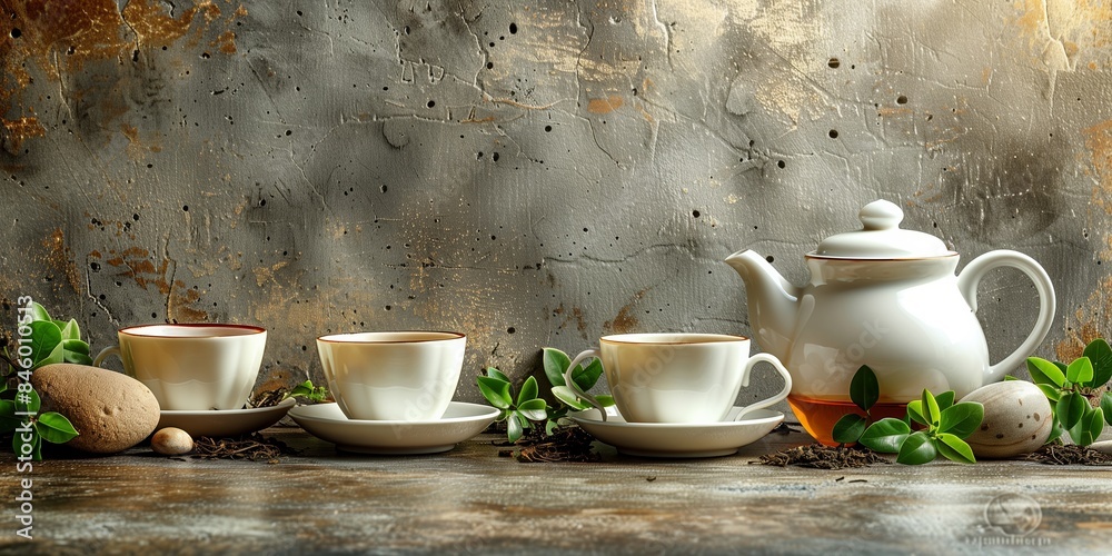 Obraz premium Minimalist Tea Setting with White Teapot and Cups Surrounded by Fresh Leaves on Concrete Background