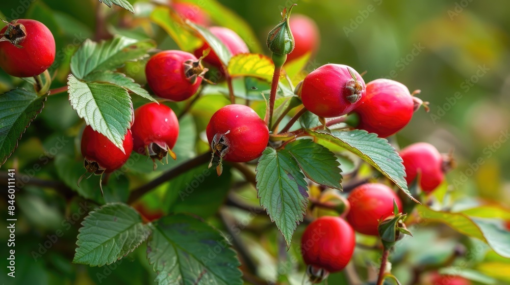 Red rose hip berries growing on a shrub