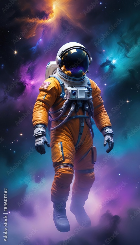Fototapeta premium Astronaut in space with stars, a galaxy, a purple and blue nebula, and galaxies reflected in his helmet