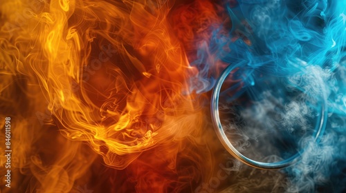 A blend of fiery orange and blue smoke, with a 3D silver ring rotating around the smoke plumes