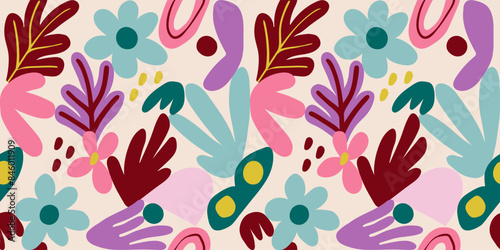 This image is a seamless vector pattern with abstract shapes and organic cut-out elements. It features colorful flowers and leaves in a Matisse style.