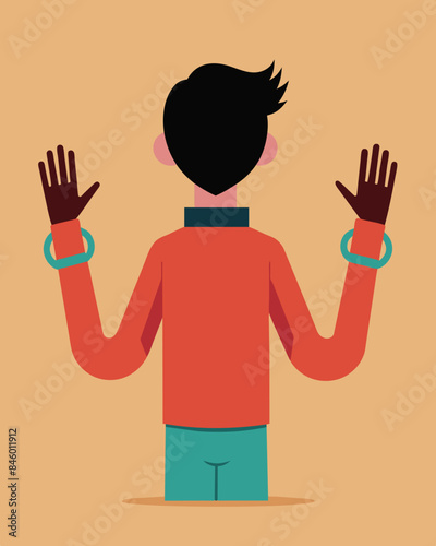 The persons hands are held behind their back by invisible handcuffs representing their inability to be truly open and honest.. Vector illustration