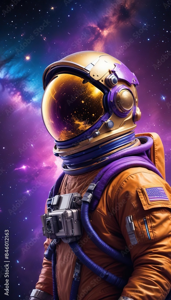 Fototapeta premium Astronaut in space with stars, a galaxy, a purple and blue nebula, and galaxies reflected in his helmet