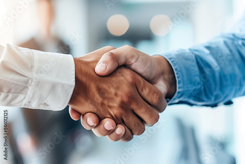 Close up of two business people shaking hands after successful partnership negotiation in office. Generative AI