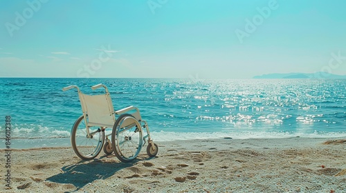 An empty wheelchair near the sea on a summer day