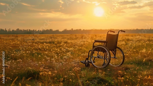 An empty wheelchair on a meadow at sunset, symbolizing a miraculous recovery as the person has walked away