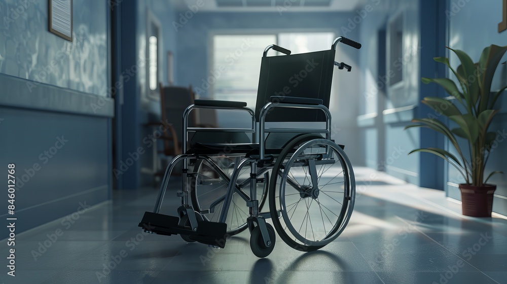 An empty wheelchair situated in a hospital patient room, indicating the patient is currently in the hospital ward An empty wheelchair situated in a hospital patient room, indicating the patient is currently in the hospital ward