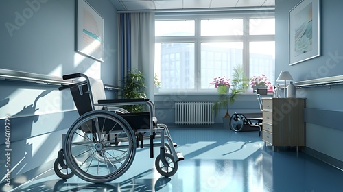 An empty wheelchair situated in a hospital patient room, indicating the patient is currently in the hospital ward photo