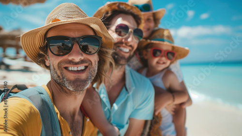 LGBT Family Vacation: Two Dads Taking Selfie with Children in Summer
