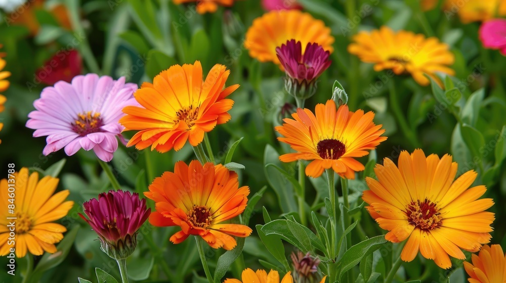 Colorful calendula flowers blooming in a sunny garden Colorful calendula flowers blooming in a sunny garden