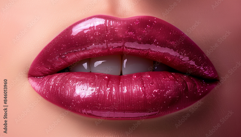 Obraz premium Women's lips are painted with red shiny lipstick.