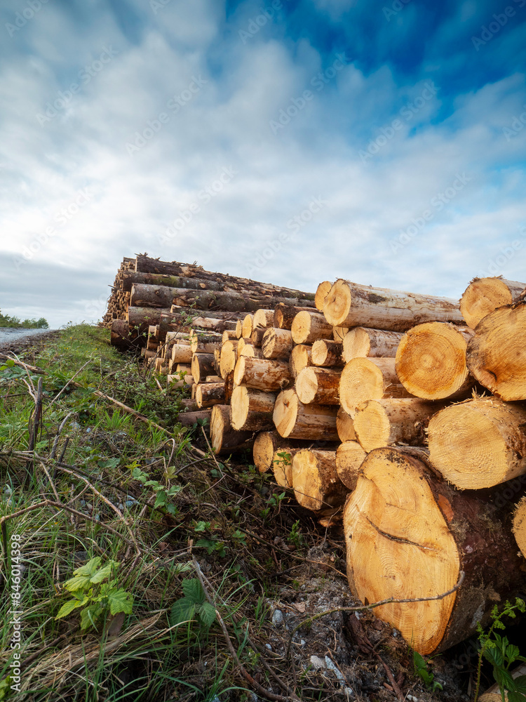 A large pile of wood logs is stacked on top of each other. The logs are brown and appear to be freshly cut. The scene is set against a backdrop of a cloudy sky. Raw material production industry A large pile of wood logs is stacked on top of each other. The logs are brown and appear to be freshly cut. The scene is set against a backdrop of a cloudy sky. Raw material production industry
