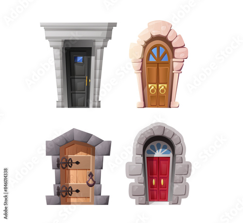 Medieval castle doors vector set, ancient game front portals, entries, vintage entrances from wood, stone and metal haft
