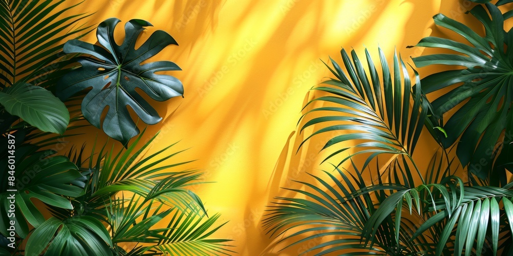 Tropical palm leaves casting shadows on yellow wall