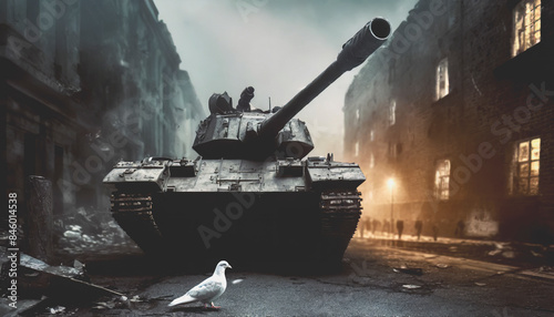 Paloma blanca de la paz frente a un tanque de guerra photo