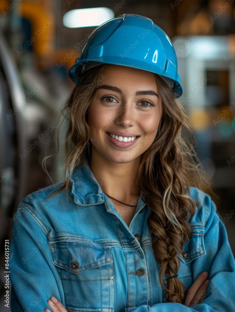 Smiling female construction worker with blue helmet Smiling female construction worker with blue helmet