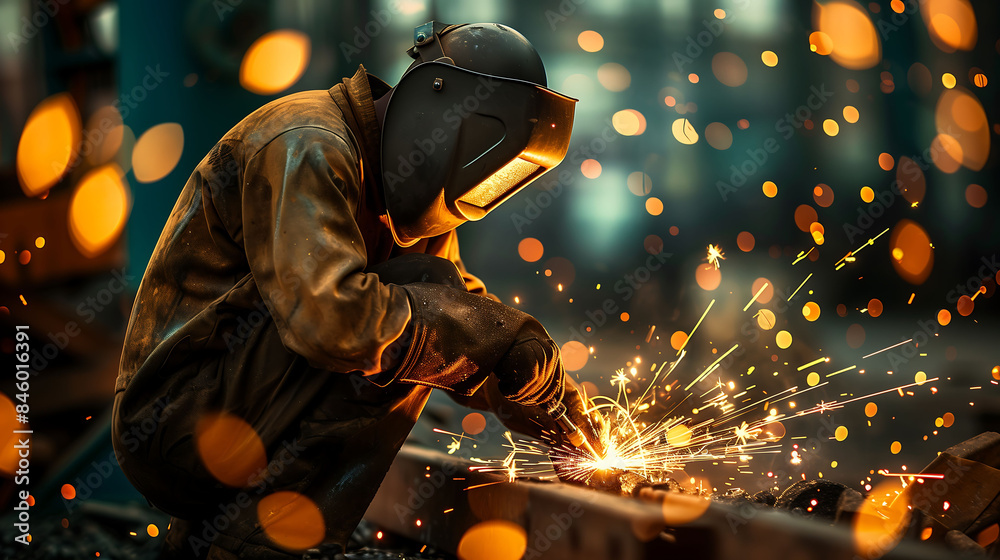 Welder working in a workshop with flying sparks, showcasing the intense focus and craftsmanship Welder working in a workshop with flying sparks, showcasing the intense focus and craftsmanship