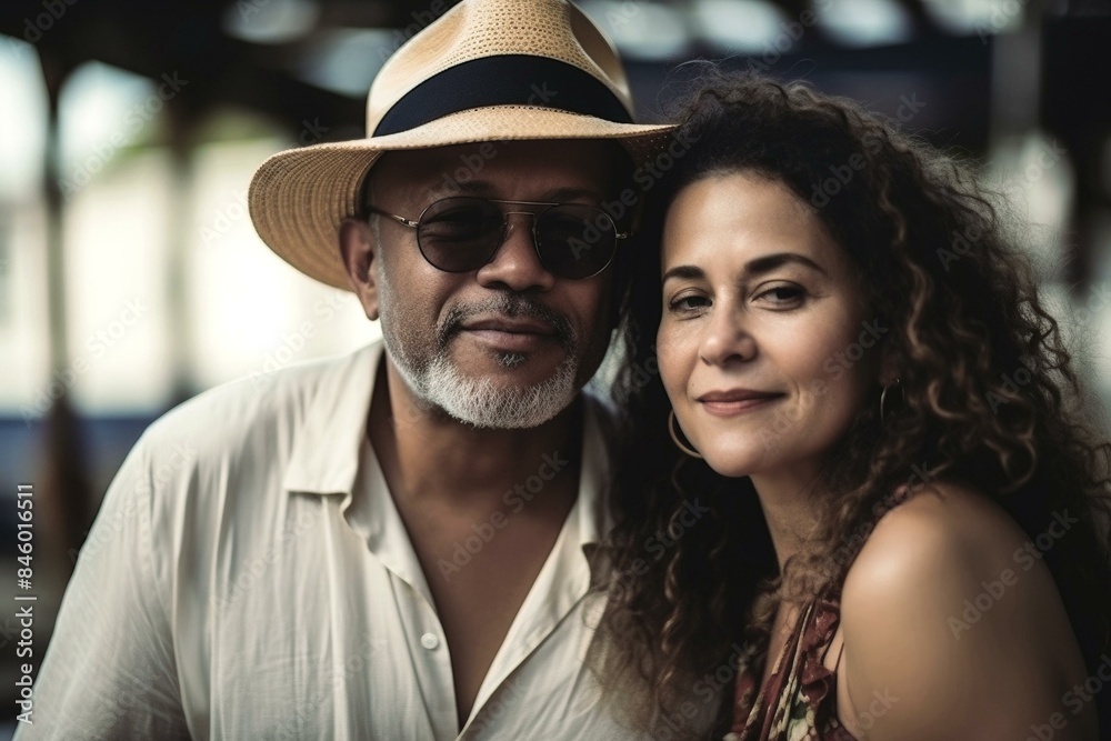 Mature mix race couple enjoying a romantic summer day outdoors with sunglasses and hats Mature mix race couple enjoying a romantic summer day outdoors with sunglasses and hats