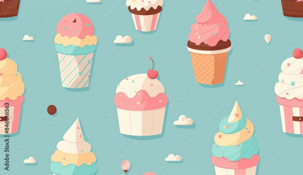 Pattern background featuring cute pastel-colored ice cream cones and cupcakes on teal backdrop, dessert shops, bakery advertisements, and sweet-themed designs
