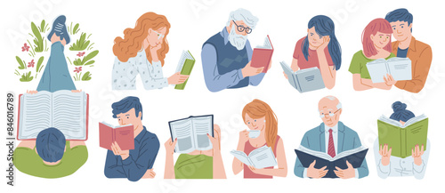Young and elderly people reading a book with enjoy and great interest, cartoon booklover characters vector set isolated