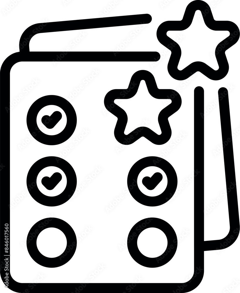 Line icon of a customer satisfaction survey showing positive feedback with stars and checkmarks Line icon of a customer satisfaction survey showing positive feedback with stars and checkmarks